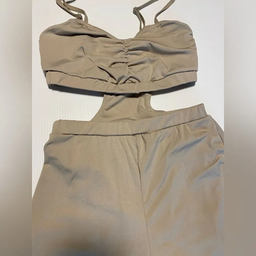 WEISSMAN elite Dance Costume tan beige jumpsuit Big Wide World 14636 SA adult